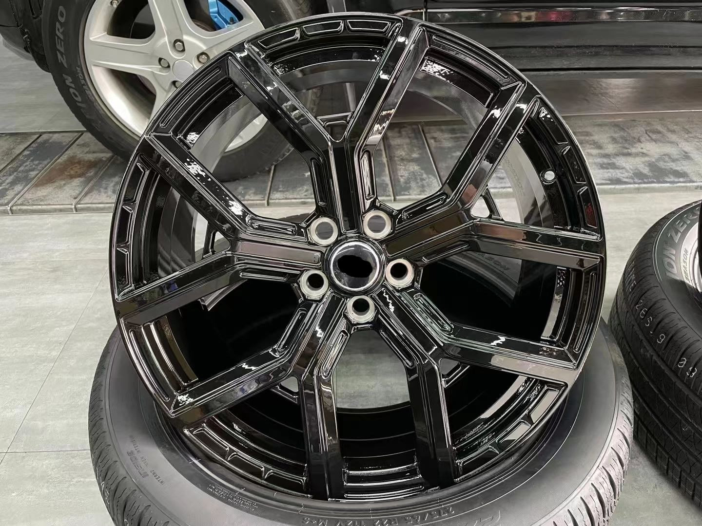 We produced premium quality forged wheels rims for LAND ROVER DEFENDER L663 Our wheels sizes: Front 22 x 9 ET 44.5 Rear 22 x 9 ET 44.5 Finishing: Glossy Black Forged wheels can be produced in any wheel specs by your inquiries and we can provide our specs