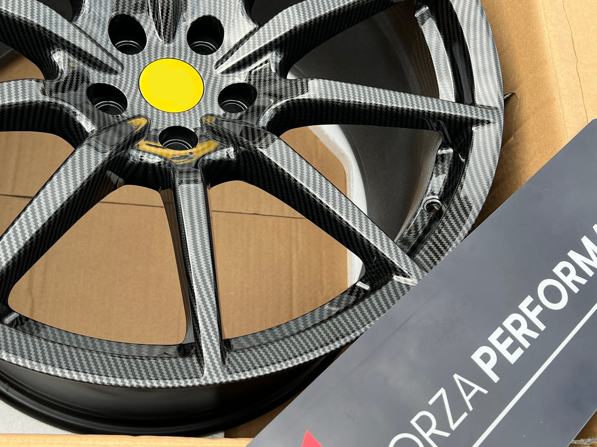 OEM We manufacture premium quality forged wheels rims for FERARRI 488 PISTA in any design, size, color. Wheels size: Front 20 x 9 ET 44 Rear 20 x 11 ET 38 PCD: 5 X 114.3 CB: 67.1 CARBON PRINT Forged wheels can be produced in any wheel specs by your inquiries and we can provide our specs